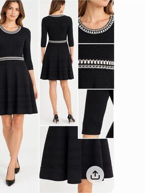 Paule Ka Paris Black Contrast Trim Knit Fit & Flare Dress Size 6